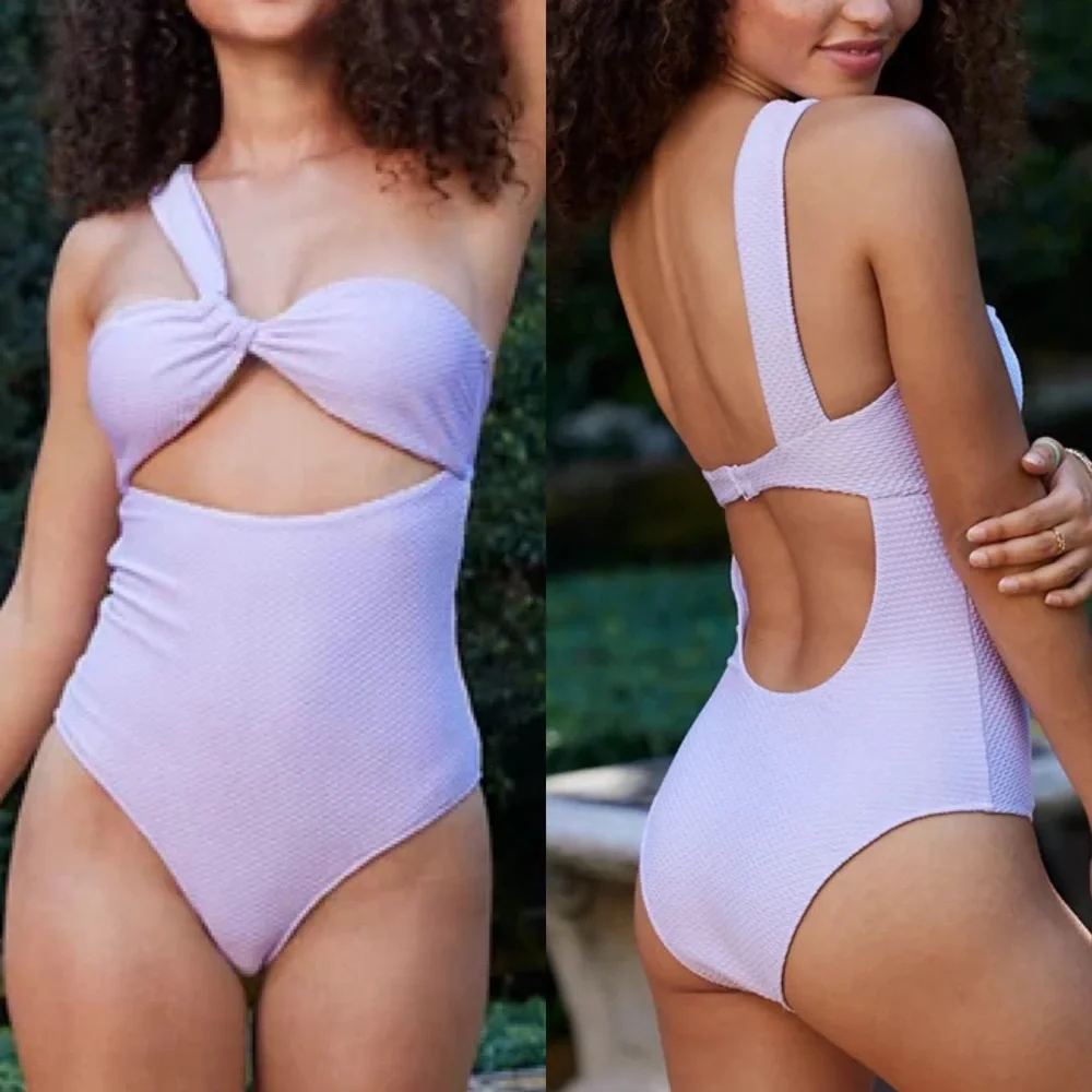 Aerie Jacquard One Shoulder Bandeau Padded One Piece Swimsuit Sz L
